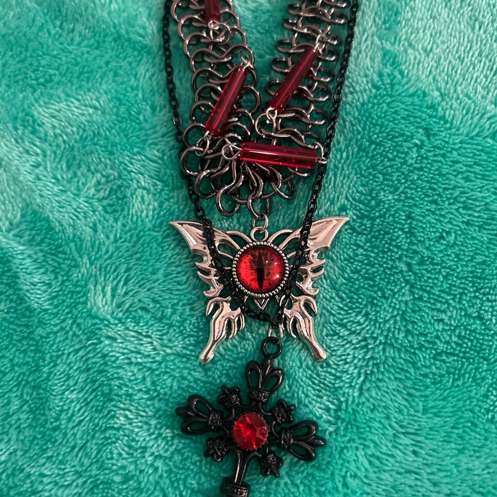 Gothic Butterfly and Cross Necklace with Red Accents